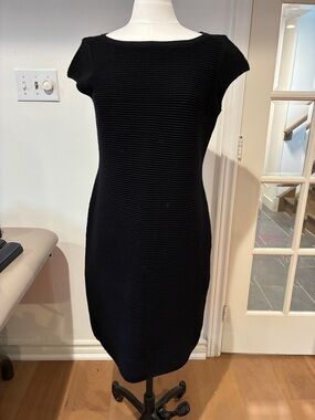 Escada Classic Black Ribbed Cap-Sleeve Sheath Dress